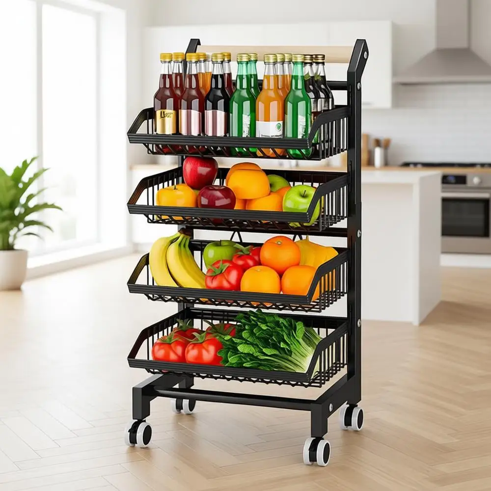 

4-уровневая передвижная кухонная тележка для закусок и хранения с регулируемыми проволочными корзинами