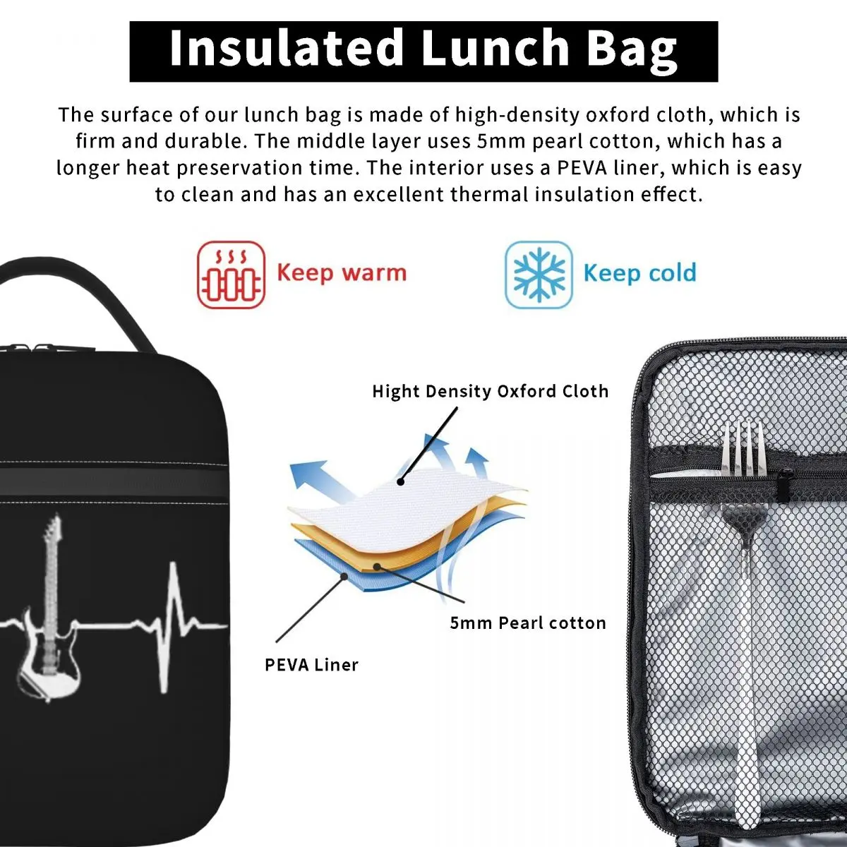 Electric Guitar Heartbeat Insulated Lunch Bag for Women Kids Portable Food Boxes Thermal Lunch Box Tote