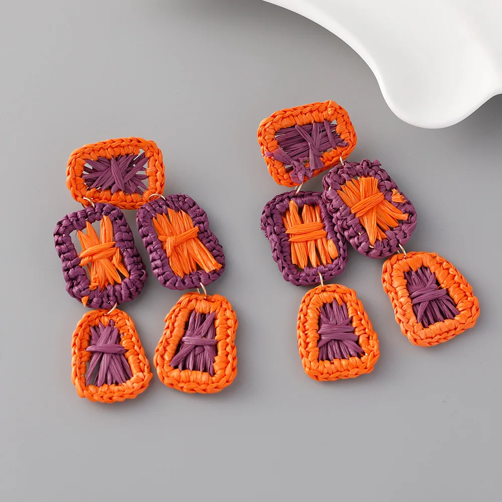 Bohemian summer beach earrings women's handwoven raffia earrings geometric earrings
