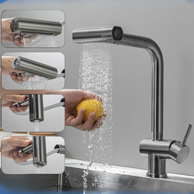 Gun Grey 304 Stainless Steel Waterfall Four Mode Pull Faucet Kitchen Sink Washbasin Hot and Cold Faucet