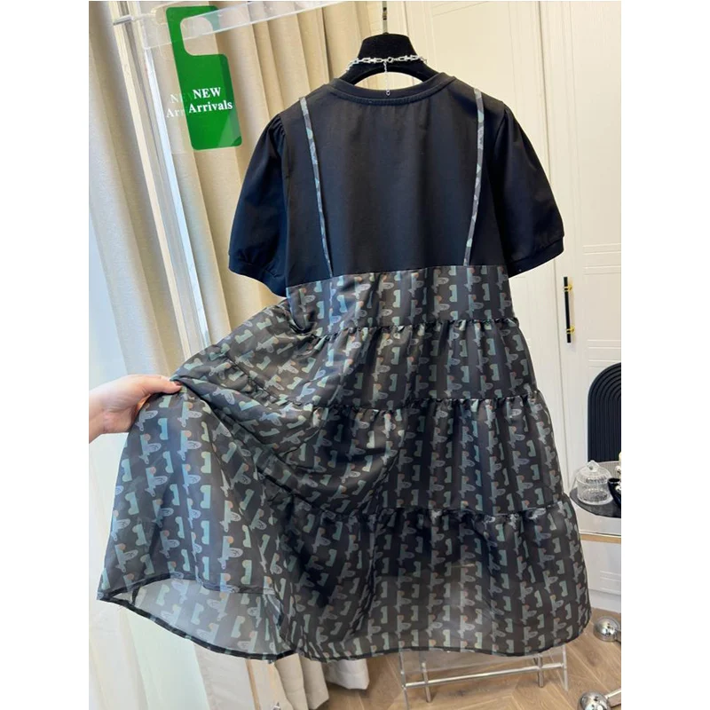 Fashion Printing Camis T-Shirts Dresses Fashion Women Clothing O-neck Short Sleeve Fake Two Pieces Dresses Summer Midi Dress