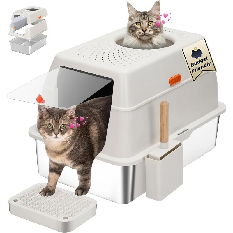 

Steel Litter Box with Lid, SUS304 Metal Cat Litter Boxes, Enclosed Extra Large Kitty LitterBox High Wall, Jumbo Cat Toilet