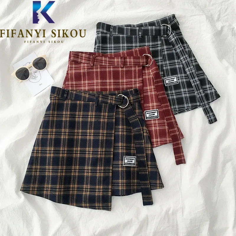 

2023 Summer Women Plaid Skirt Shorts Lace-up Fashion Irregular High Waist Mini Skirt Oversized Casual A-Line Skirts Female
