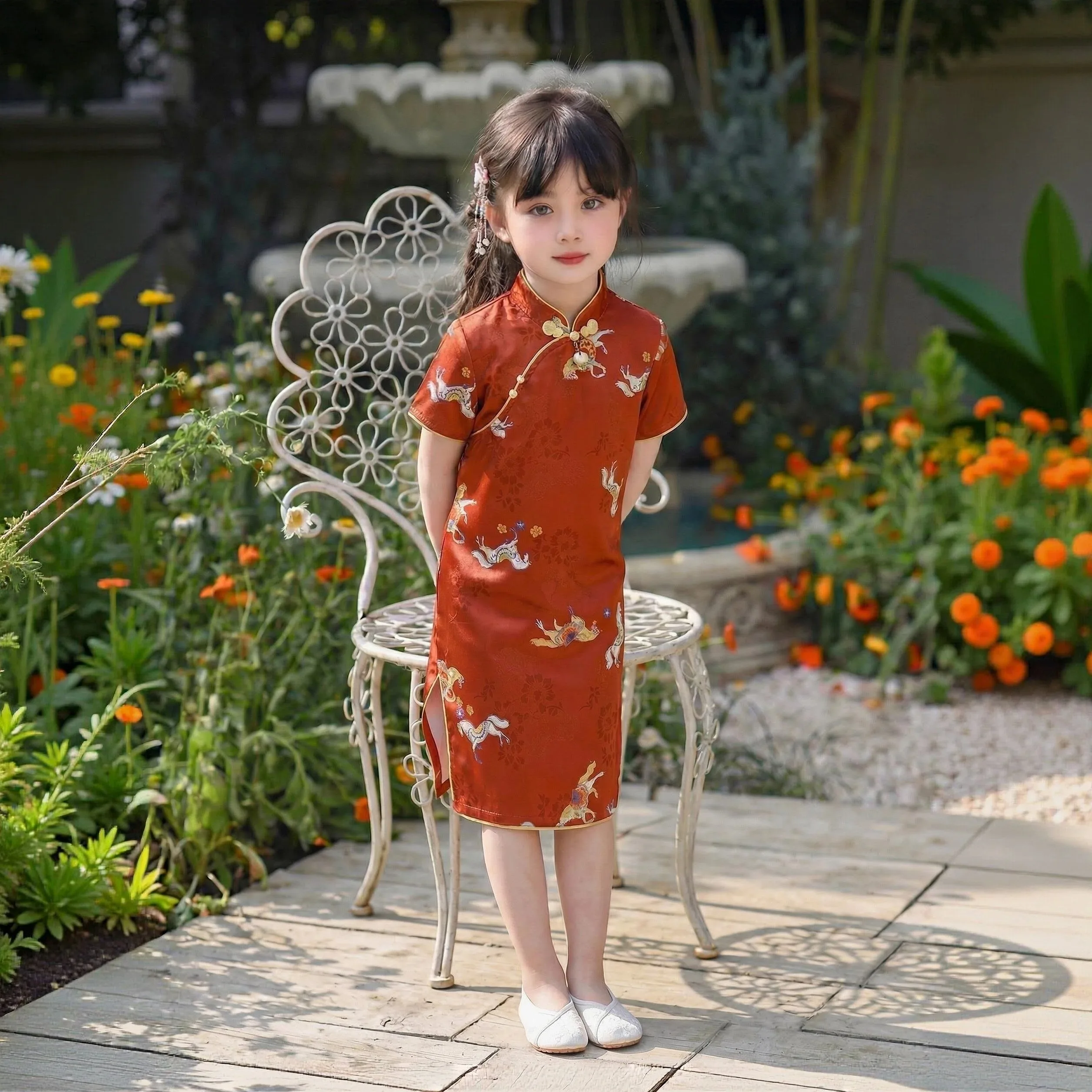 

Baby Girls Red Horse Pattern Cheongsam Dress Traditional Chinese Festival Performance Stage Wear Toddler Clothing Sizes 2-9 Year