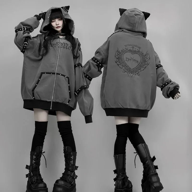 Harajuku Dark Gothic Autumn Winter Hooded Cute Cat Ears Subculture Zipper Cardigan Sweater Coat Women Retro Y2k Casual Jacket