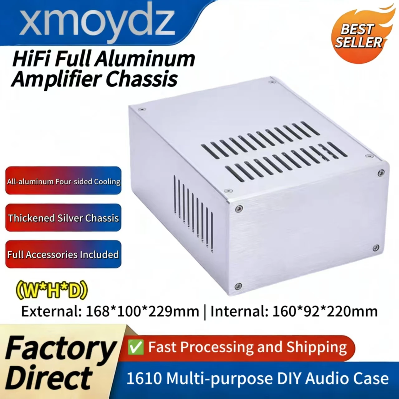 

Корпус для Hi-Fi усилителя из цельного алюминия 168*100*229 мм, для самостоятельной сборки аудиооборудования, с всесторонним охлаждением, серебристый, внутренний размер 160*92*220 мм