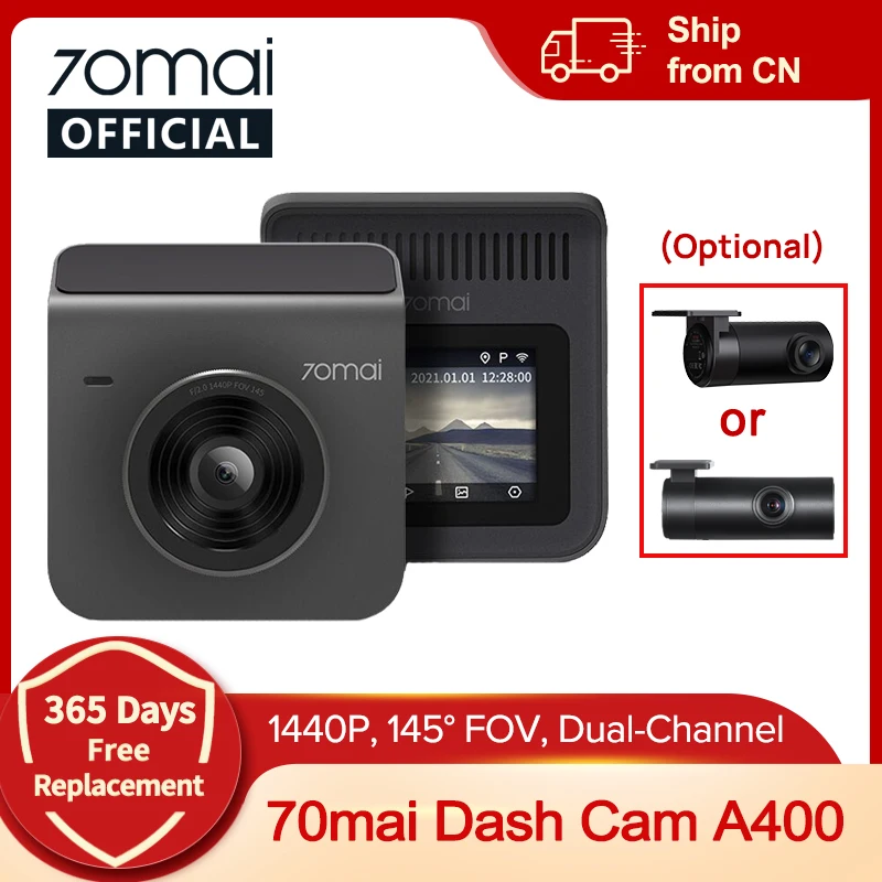 70mai Dash Cam A400 Car DVR 145° FOV 1440P Resolution 70mai A400 Car Recorder Support Rear Cam 24H Parking Monitor