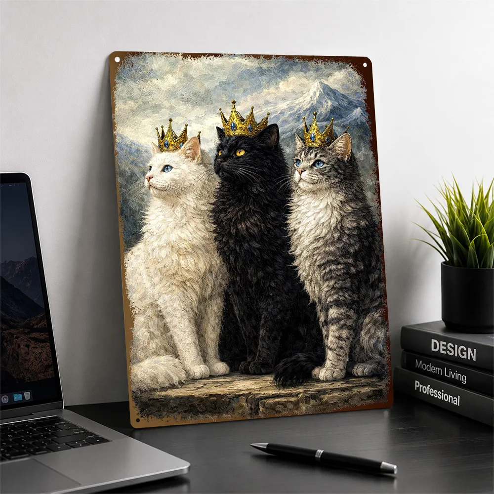 Three Regal Cats With Crowns Textured Poster Personalized Metal Tin Sign Striking Colorful Animal Wall Art Made For Pet Owners
