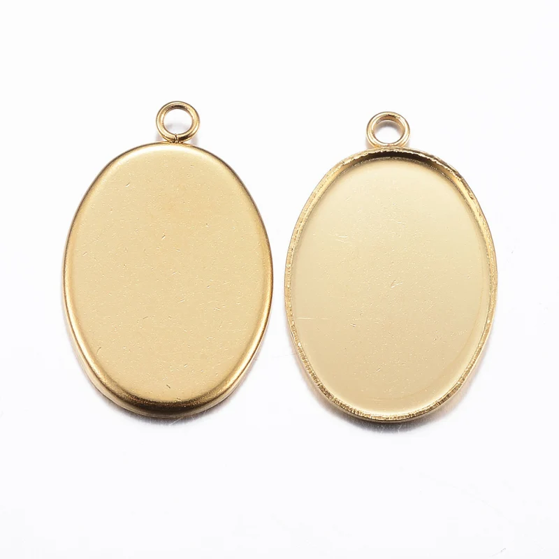 10pcs Ion Plating 304 Stainless Steel Pendant Cabochon Settings Plain Edge Bezel Cups Oval Golden Tray: 18x13mm 22x14x1.5mm