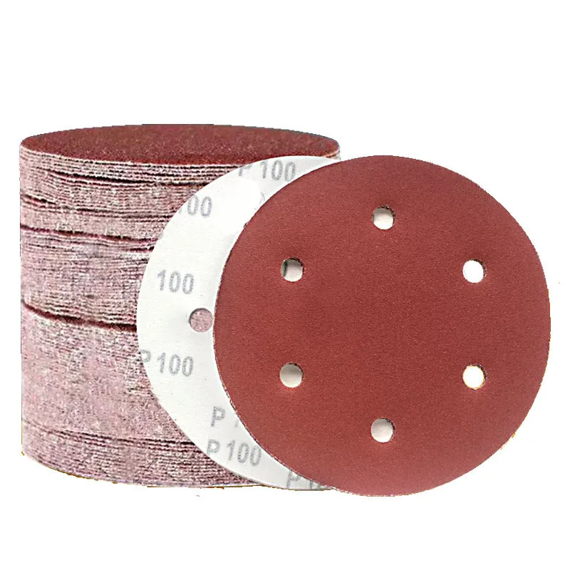 150mm 6 in 6 Hole Aluminum Oxide Sanding Discs Red Sandpaper for Wood Metal Grinding Polishing Tool, Grit 60-600#, Hook & Loop