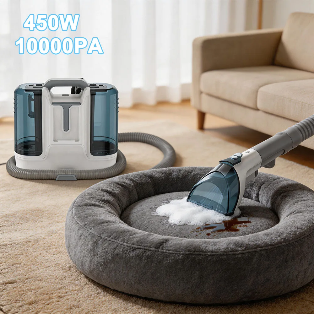 Limpiador de Alfombras Portátil de 450W, 10kPa de Succión Potente, Máquina de Limpieza de Telas y Sofás, Tanques de Agua Dobles de 1.8L con 5 Cabezales de Cepillo para Manchas de Mascotas, Colchones, Asientos de Coche, Alfombras y Ventanas