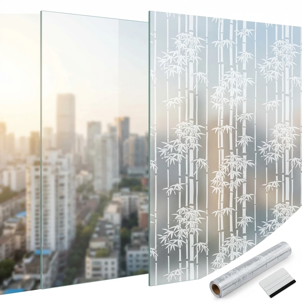 Elegant Vertical Bamboo Silhouette Window Film Self-Adhesive Frosted Privacy Protection Waterproof Oil-Proof Anti UV Heat