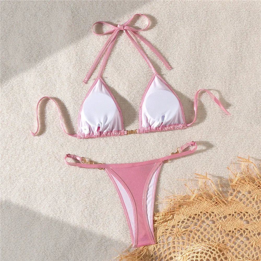 Sexy Pink Shiny Swimwear Halter String Micro Bikinis Set Mujer Triangle Swimsuit Women 2024 Bead Mini Thong Strój kąpielowy kąpiący