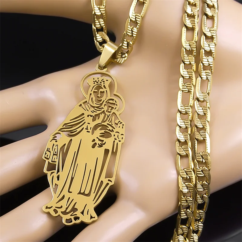 Virgin Mary and Baby Medal Hollow Necklace for Men Women OUR LADY Religious Pendant Stainless Steel Gold Color Necklaces Jewelry