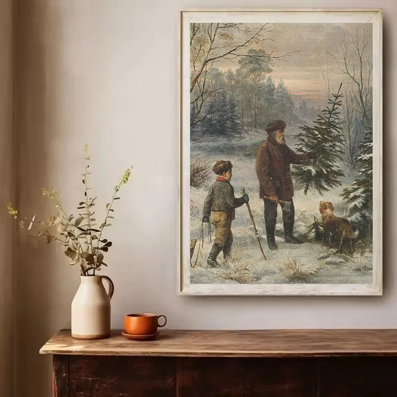 خمر شجرة عيد الميلاد مريحة عطلة الحصان تعادل مزلقة الشتاء المشهد المشارك حائط لوح رسم الفن صور ديكور المنزل #3