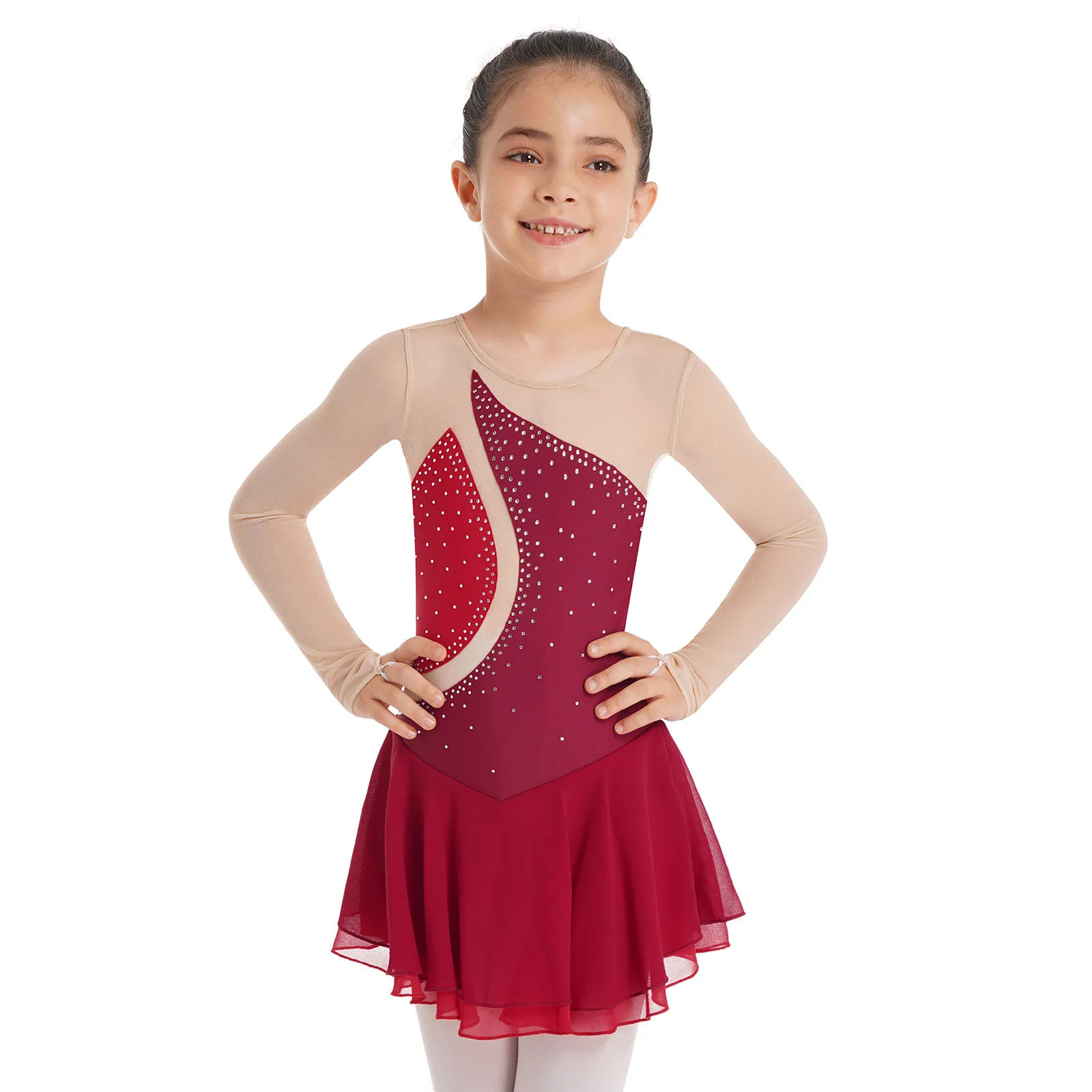 Kids Girls Modern Contemporary Ballet Dance Dress Long Sleeve Rhinestone Patchwork Chiffon Tutu Dress Figure Ice Skating Costume