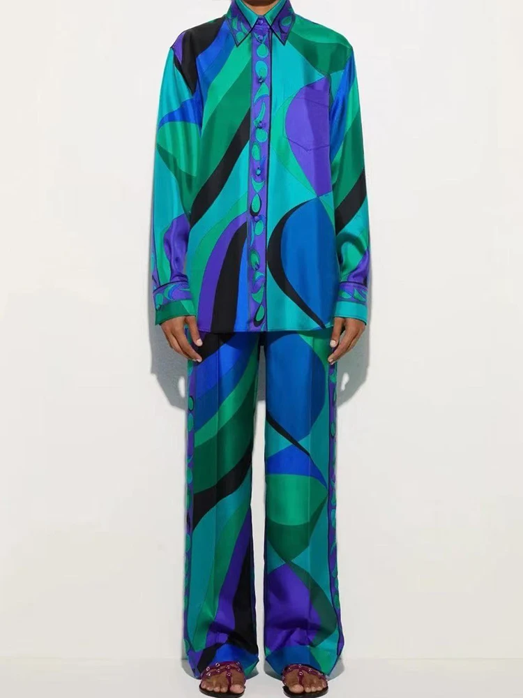 Design Retro Geometric Print Lapel Satin Shirt Two-piece Set 2026 Autumn Women's Clothing + Loose Wide-Leg Pants Fashion Suit