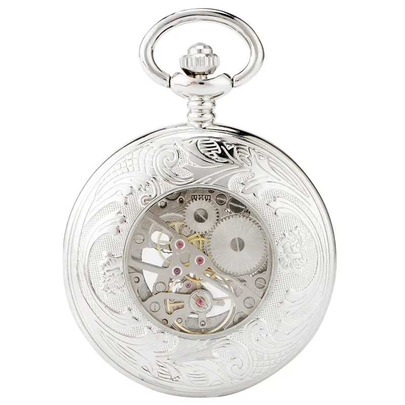 Silver Hand-winding Mechanical Pocket Watch for Men Women Roman Number Half Hunter Skeleton Clock with Pendant Chain Gift