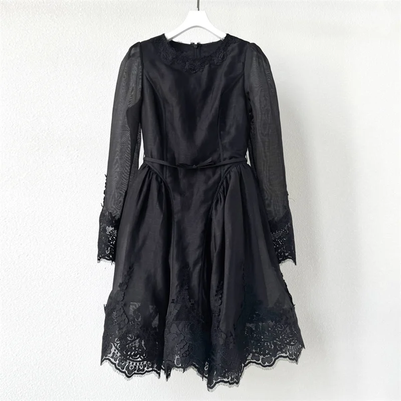 

Women's dress New lace patchwork mini dress for winter 2025 linen blended short dress waist belt slim party dress Evening dress