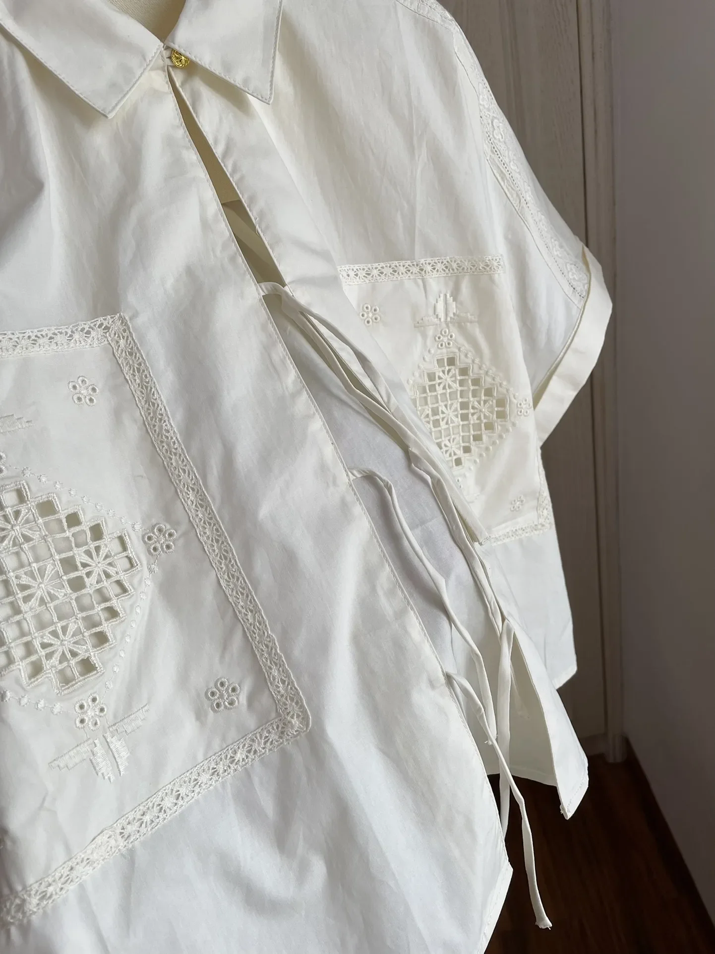 Dames Zwaar borduurpakken Grote zakken Korte mouw Turn-down kraag Shirt + elastische taille Shorts Casual 100% katoenen set