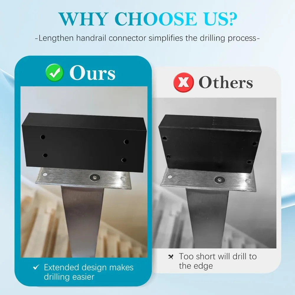 Stainless Steel Flat Handrail Extension Connectors, 10-Pack for Rectangular Top Cable Railing, High Strength Fittings