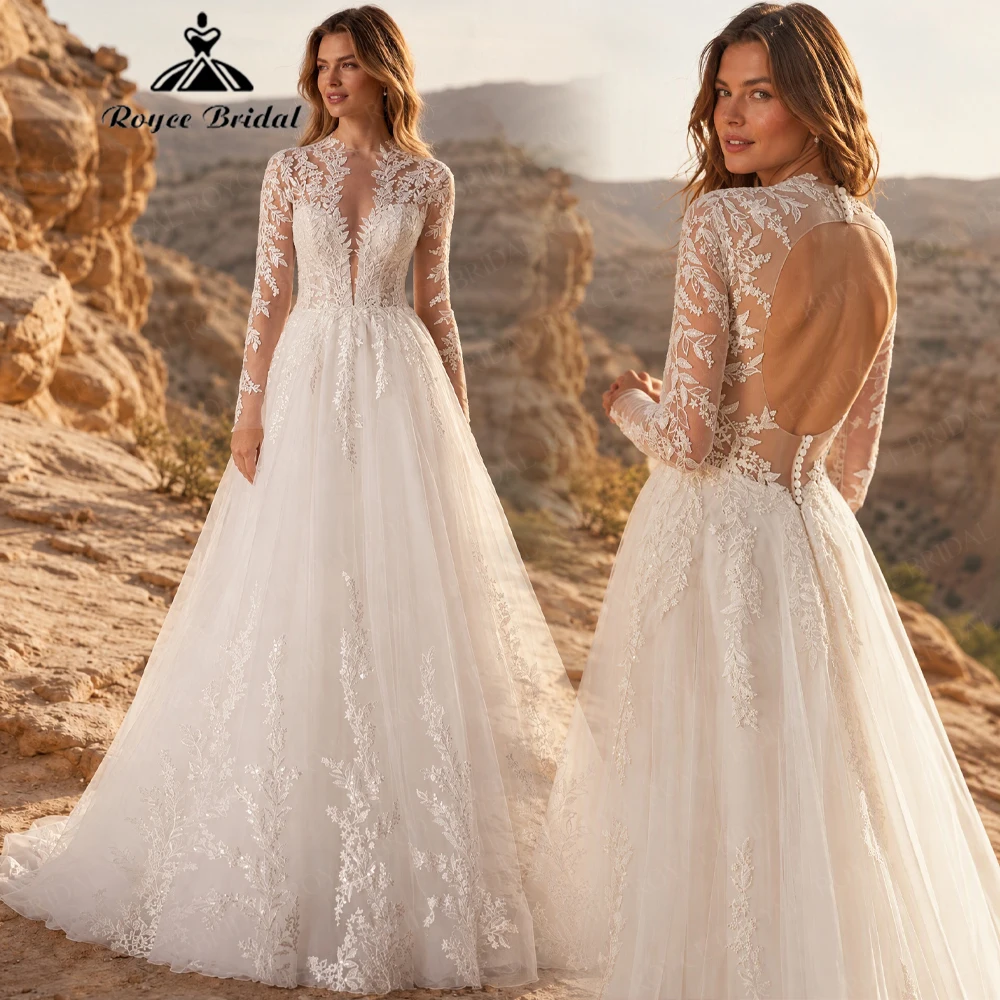 Roycebridal Backless Sexy V Neck Elegant A Line Wedding Dresses 2027 Appliques Beach Bridal Gown Customized Vestido De Novia