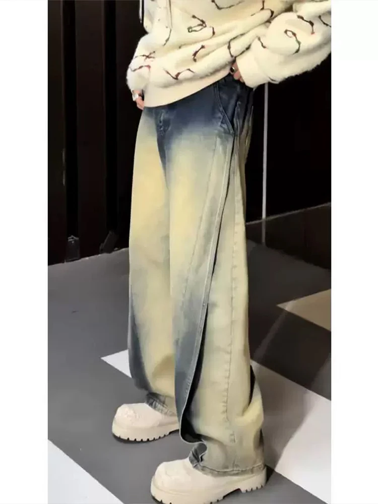 

Мужские зимние джинсы прямого кроя Waed Yellow Clay Color, винтажные, в американском стиле, с эффектом деconstruction, широкие штанины