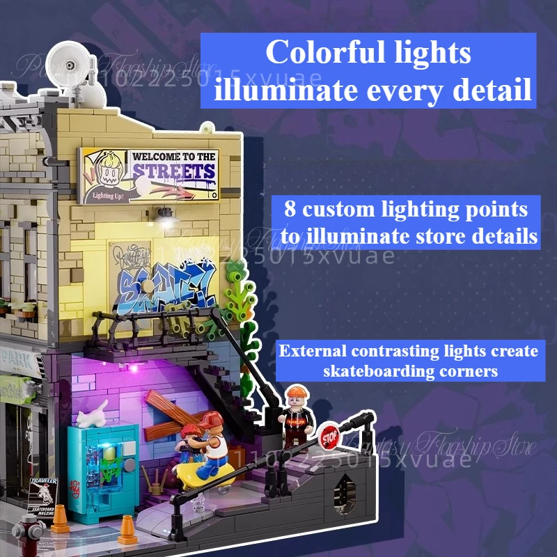 Nueva tienda de monopatín de Hip Hop americano, construcción de calle, modelos de ensamblaje, decoración de escritorio, colección de juguetes, regalo de cumpleaños