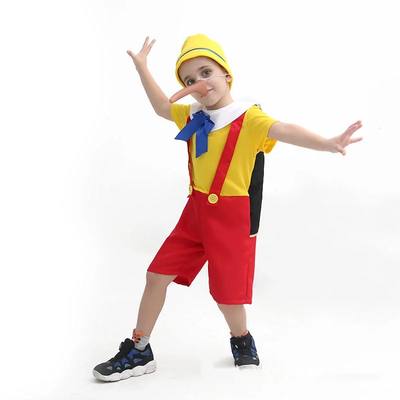 Pinocchio Costume for Kids Boys Funny Pinocchio Cosplay Costumes Child Clothes Free Nose Halloween Uniform for Kid