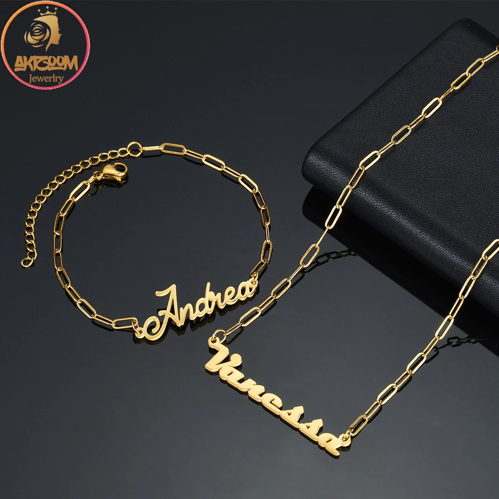 Akizoom Personalized Custom Name Necklace Bracelet Long Rolo Chain Jewelry Set Stainless Steel for Woman Birthday Christmas Gift