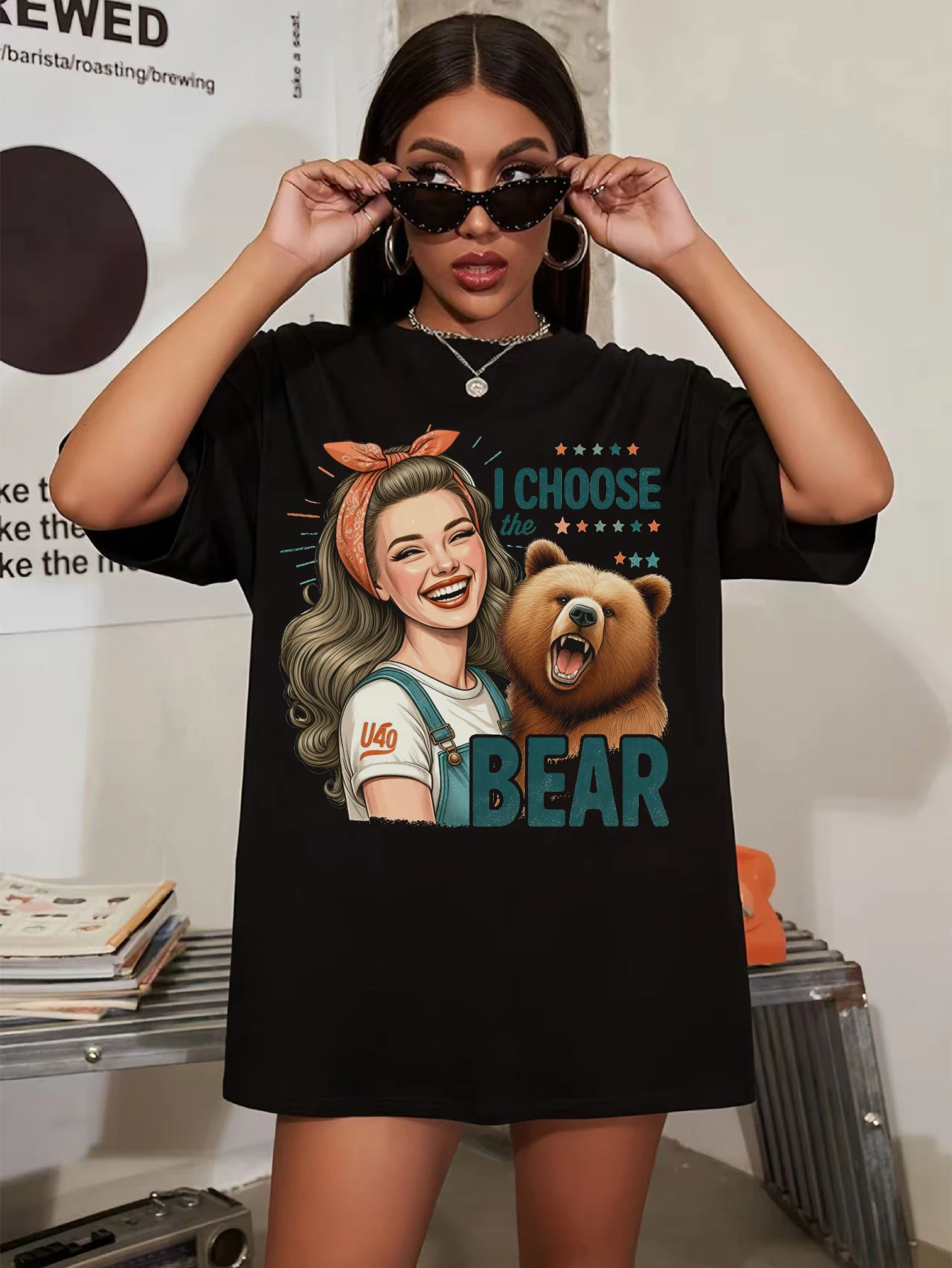 

Мягкая черная рубашка с круглым вырезом I Choose The Bear для женщин. Удобная осенняя одежда больших размеров. Праздничные наряды на Хэллоуин на осень.