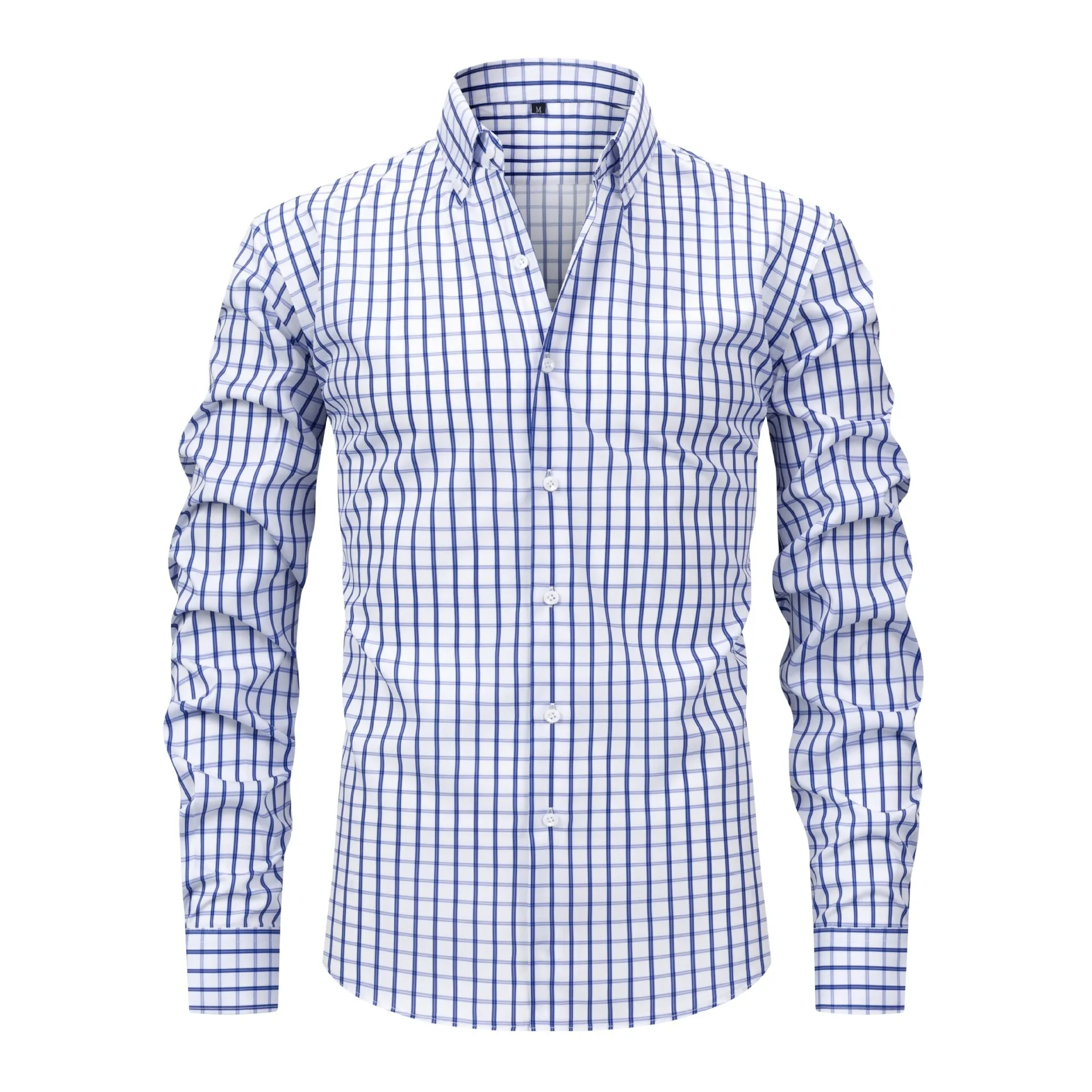 Men's Stretch Digital Print Plaid Long Sleeve Shirt Turn-Down Collar Social Business Blouse Dress Shirts For Men