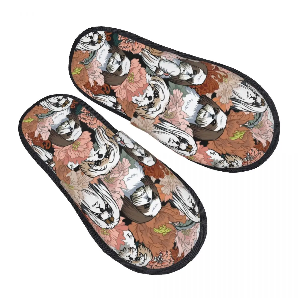 Shih Tzu Hond Bloemen Patroon Gezellig Scuff Traagschuim Slippers Vrouwen Huisdier Dier Hotel Huis Schoenen