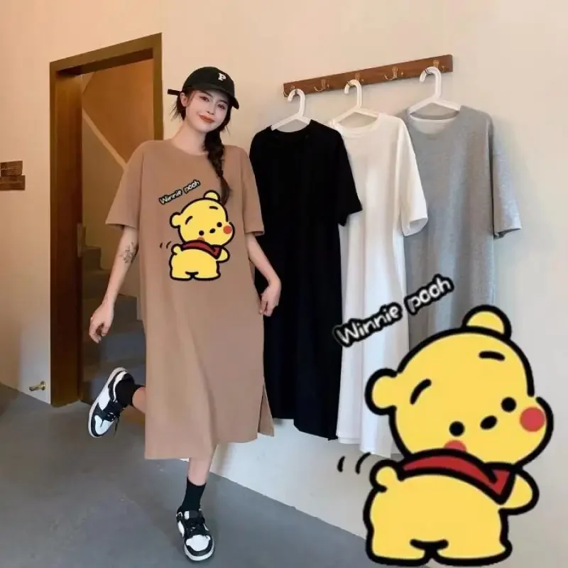 Miniso The Pooh Bear T-shirts Dress Winnie 40-90kg Summer Women Lone Style Gray Colour Fat Large Size Short Sleeved Loose Skirts