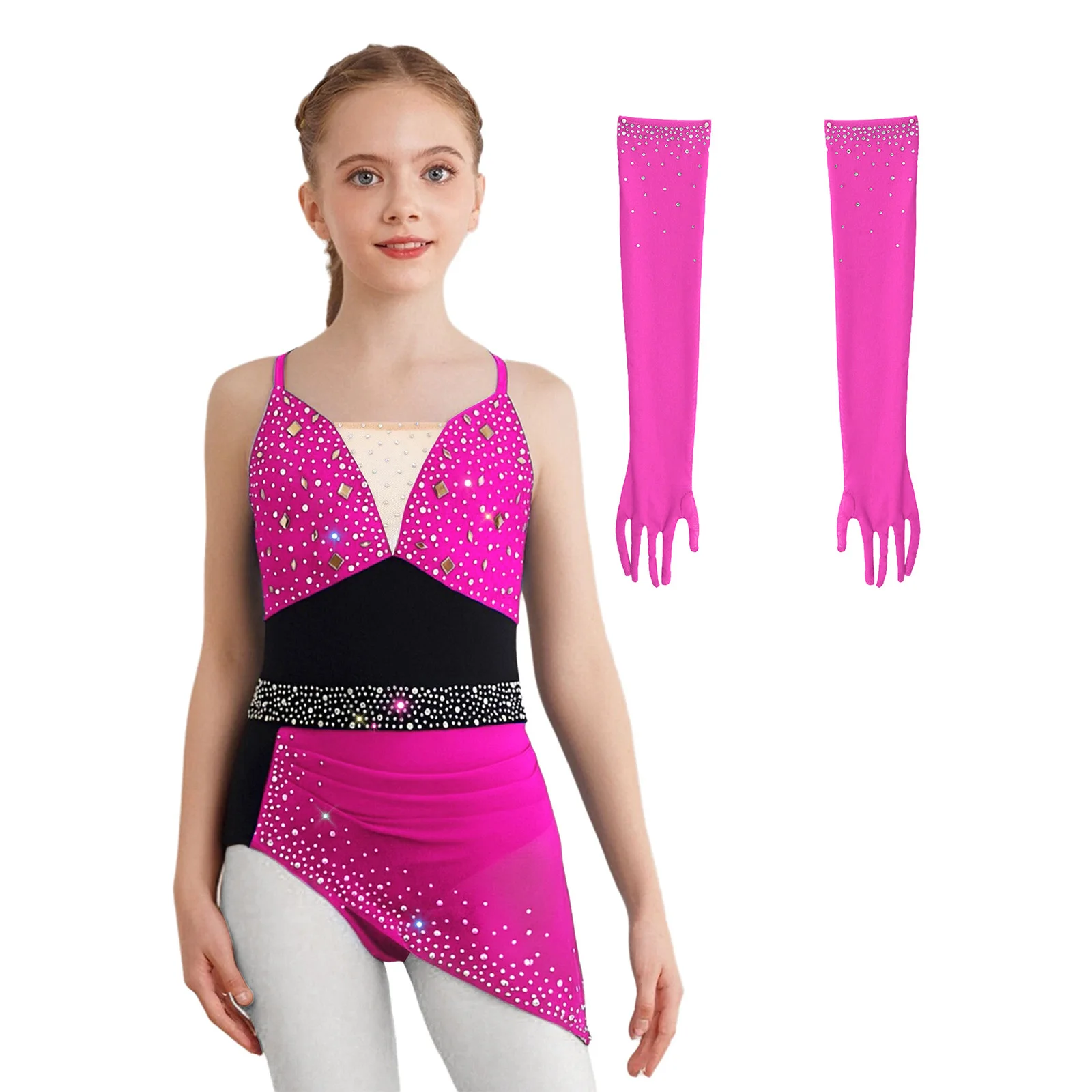 Kinder Mädchen Eiskunstlauf-Tanzkleid mit Spaghettiträgern, Strass und asymmetrischem Schnitt, inklusive 1 Paar Netz-Handschuhe