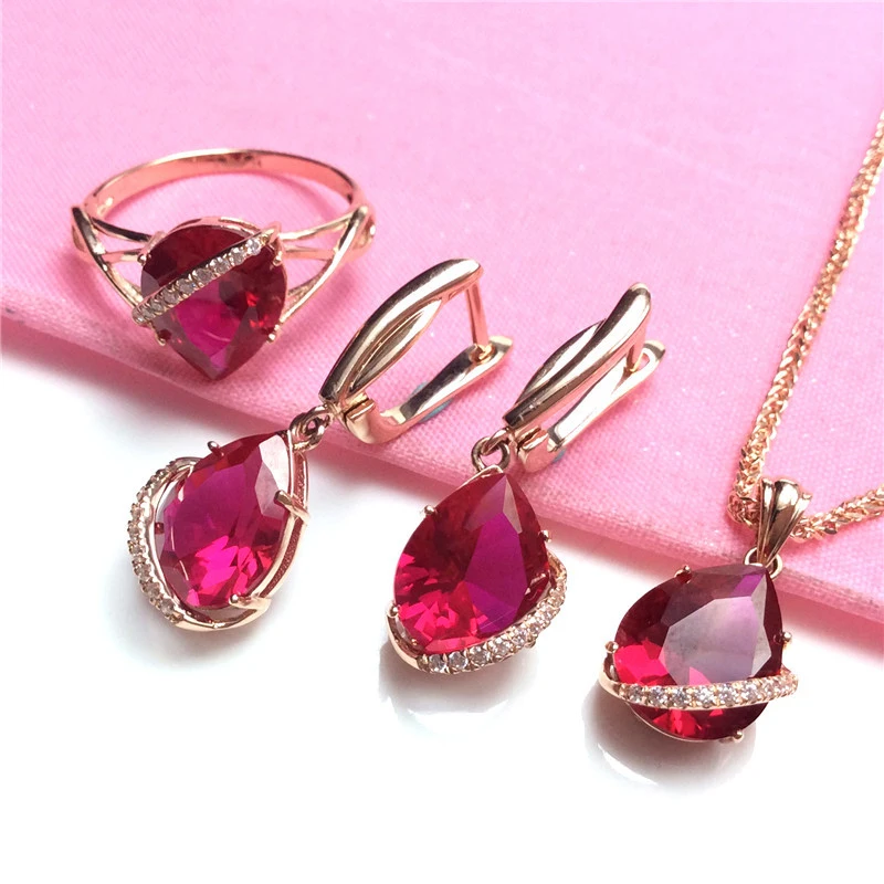 585 Purple Gold 14k Rose Gold shiny Ruby water droplets charm elegant luxuryearrings for women ring necklace jewelry sets