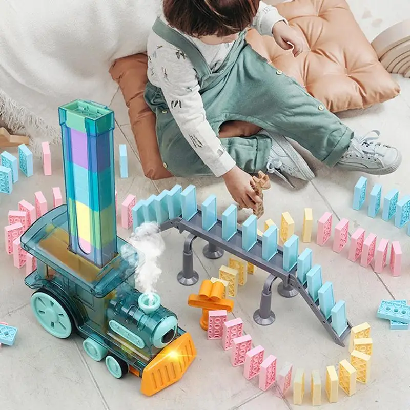 ชุดอัตโนมัติ Domino Train แบบพกพารถไฟไฟฟ้า Domino ของเล่น Creative Domino เครื่องไฟและเสียงเด็กวัยหัดเดิน STEM ของเล่นสนุก