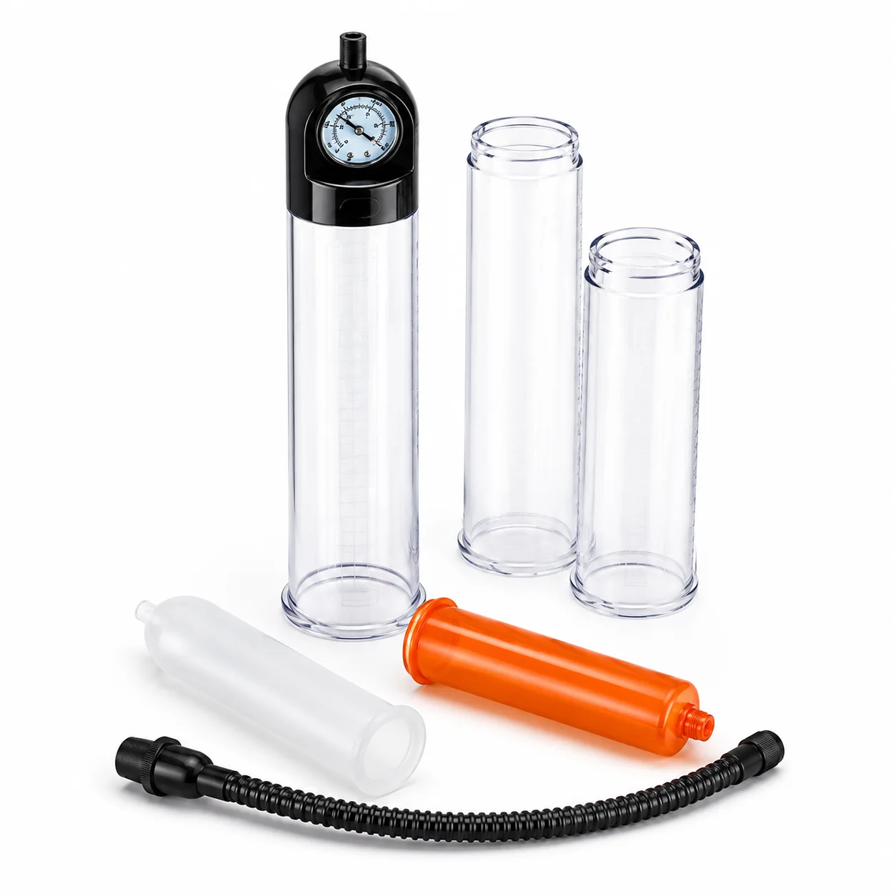 Men Vacuum Pump Replacement Kit with Transparent Acrylic Cylinders, Gauge Head, Extension Sleeve and Flexible Connector Hose