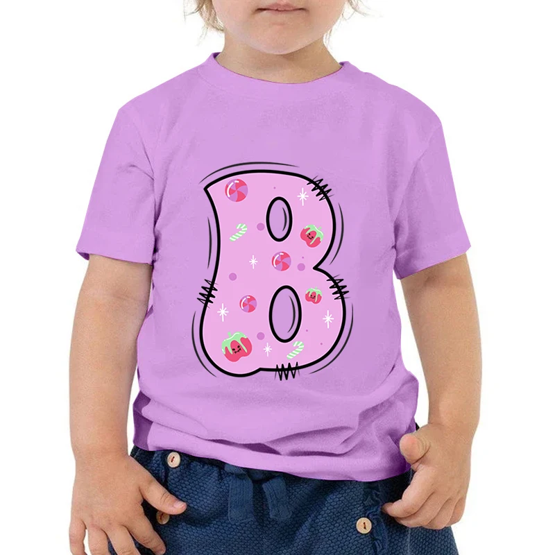 Alphabet Cartoon Tomatoes Candy Kids T Shirts Cute 26 Letter Series Print Girls Boys T-shirts Short Sleeve Fashion Kids Clothing