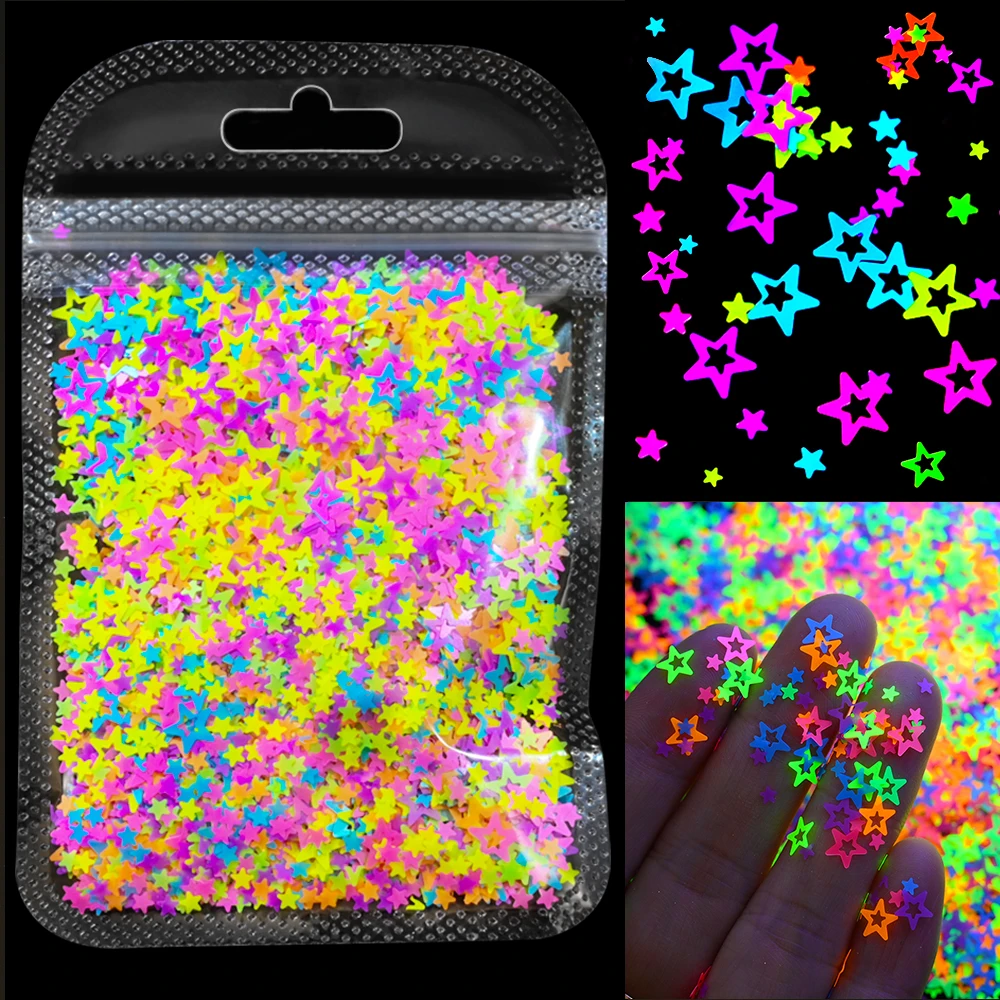 10g Neon Stern/Mond/Unkraut Fluoreszenz Nagel Pailletten Bunte Stern Design Glitter Flocken Weihnachten Neon Maniküre Stern pailletten &*& – Detail 4