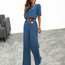 Chic Summer T-shirt Pants Set Long Pants Women T-shirt Pants Set Solid Color Breathable Summer T-shirt Pants Set Dress-up