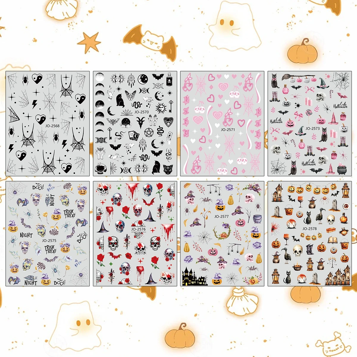 2 to 8 Sheets 3D Halloween Pumpkin Ghost Skull Witch Bat Spider Web Self-Adhesive DIY Nail Art Stickers