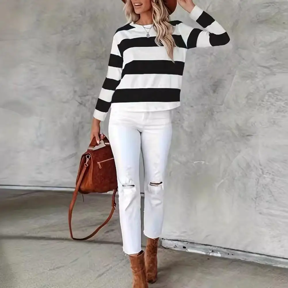 

Женские пуловеры с цветными блоками и полосатым принтом, свитшот с круглым вырезом и длинными рукавами, повседневная блузка для ежедневной носки