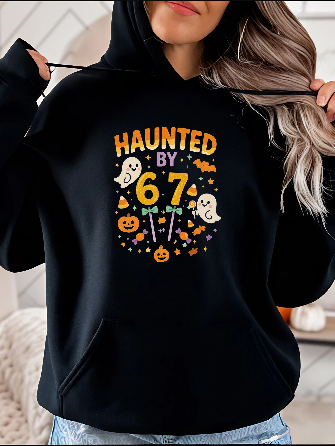 

Haunted by 67 Halloween Print Hoodie Women's Casual Autumn Winter Sweatshirt Spooky Ghost Pumpkin Design for Halloween Party
