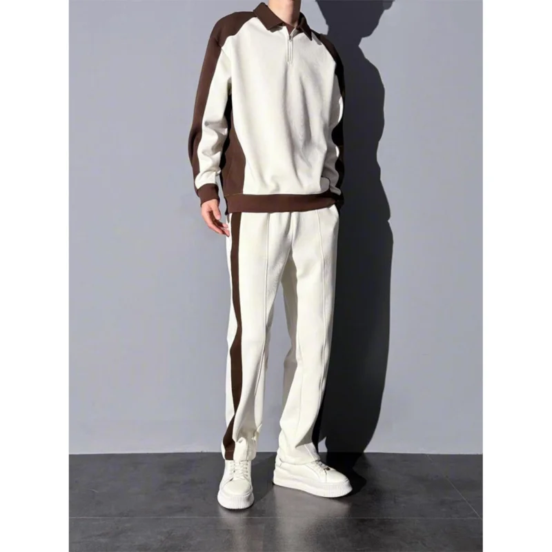 2pcs Setelan Sweatshirt dan Celana Olahraga Korea Warna-Blok Musim Semi dan Gugur, Celana Kasual Elastis Nyaman dan Longgar untuk Pria