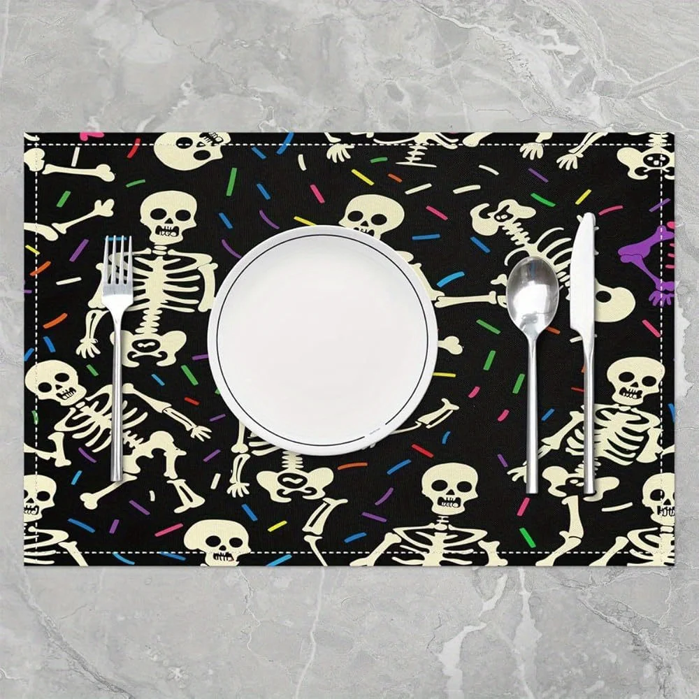 4pcs Sugar Skull Placemats Gothic Skeleton Placemat for Kitchen Dining Table 18x12 Colorful Geometric Stripe Table Place Mats