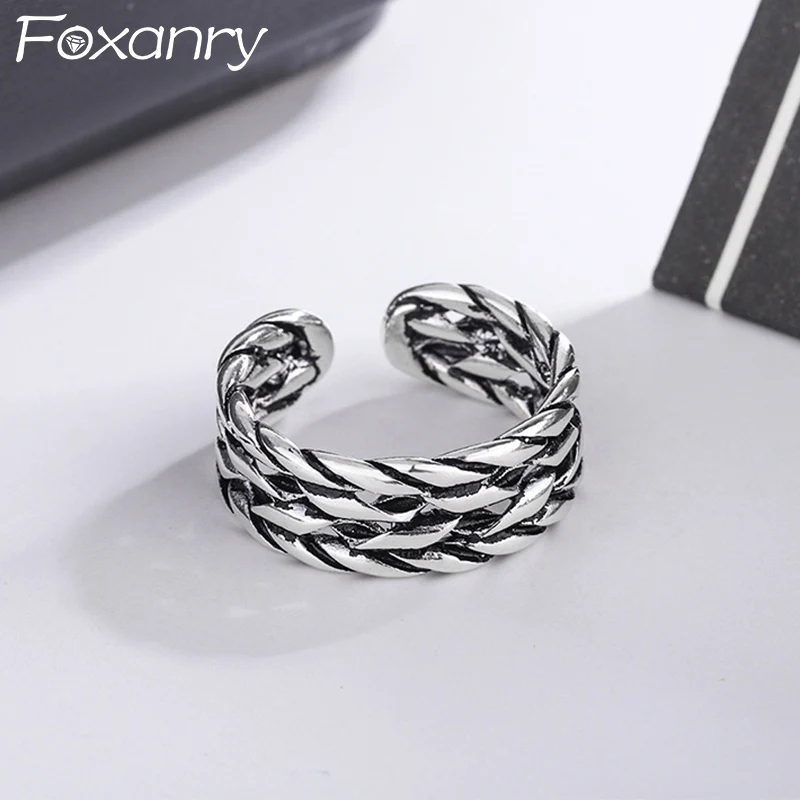 Foxanry Silver Color Vintage Weave Twist Rings For Women Couples Minimalist Trendy Elegant Classic Engagement Party Jewelry Gift