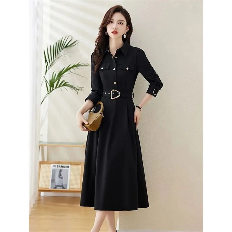 فستان برقبة على شكل طية صدر السترة فساتين قميص نسائية بأكمام طويلة 2026 ربيع خريف جديد فساتين راقية نسائية Mujer Vestidos