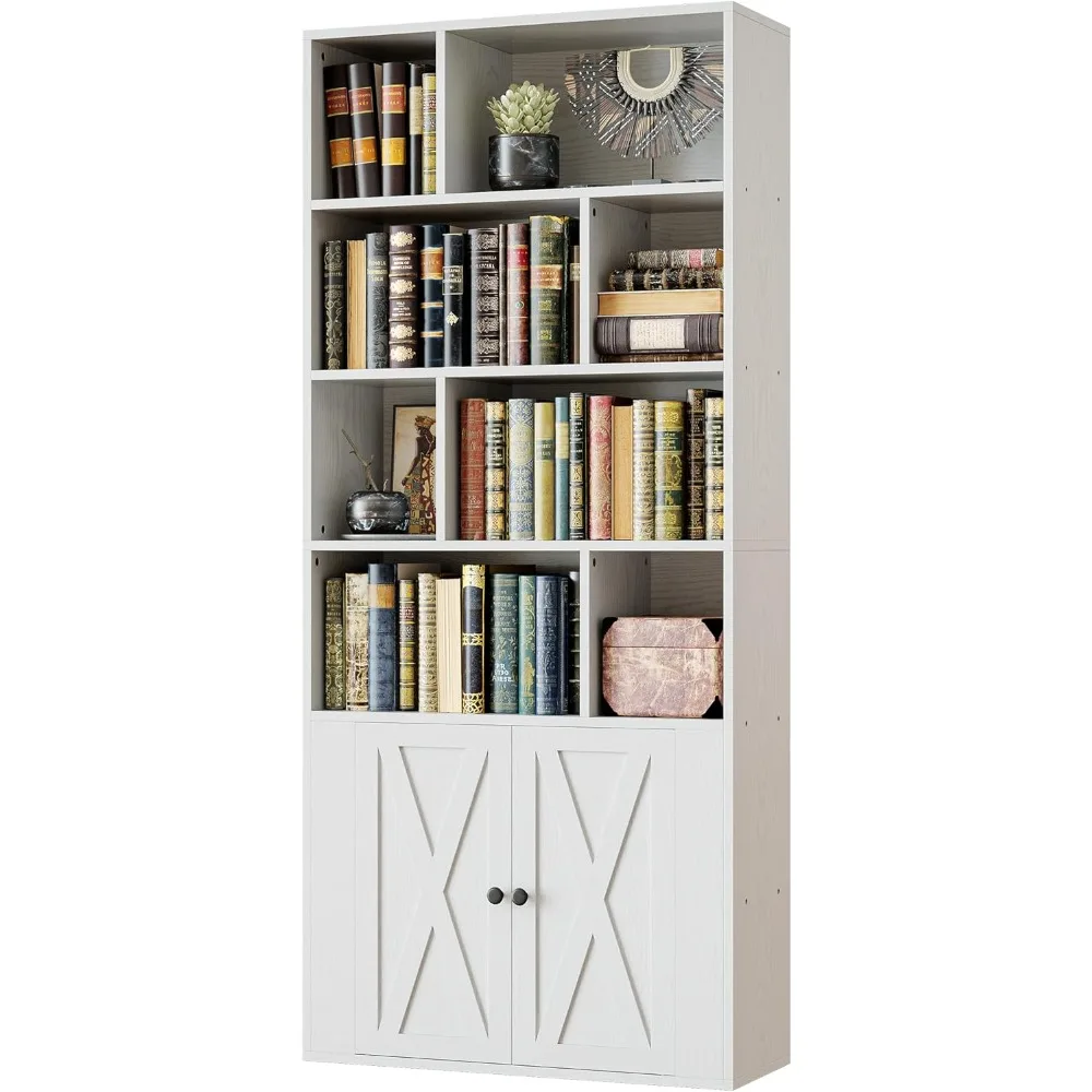Bookcase with Doors, Tall Bookshelf with Storage, Bookshelves and Bookcases with 8 Open Cubes for Living Room, Bedroom, Office