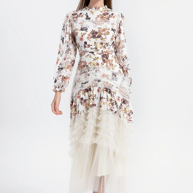 

Spring New Mesh Printed Round Neck Ruffles Patchwork Chiffon Floral Dress Long Sleeve High Waist Beach Women's Vestidos